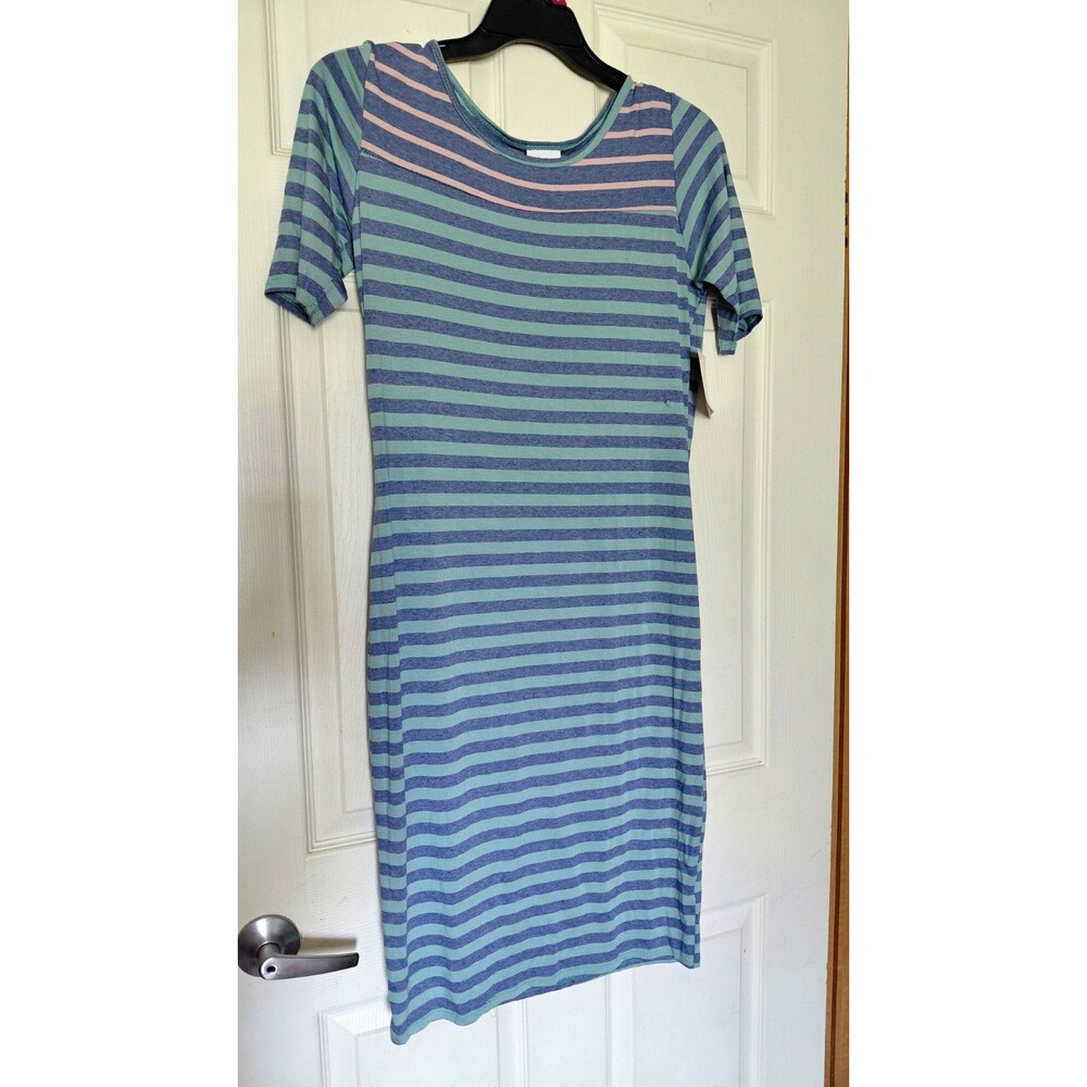 LuLaRoe Julia Women's Striped T-Shirt Dress Blue Green Short Sleeve Round Neck M